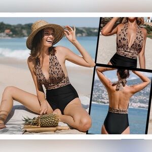 Leopard Plunge Halter Shirred Tummy Control One-Piece Swimsuit. NWT. Size S.